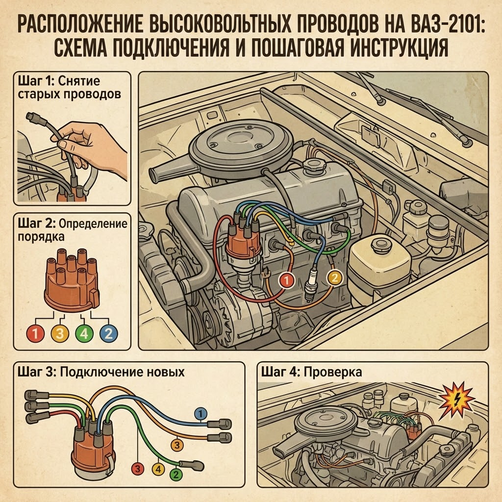 Расположение высоковольтных проводов на ВАЗ‑2101 схема подключения и пошаговая инструкция ВИНМОТОРС